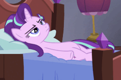 Size: 519x344 | Tagged: safe, screencap, starlight glimmer, pony, unicorn, a royal problem, g4, season 7, animated, annoyed, bed, chubby, cropped, double facehoof, eyeroll, facehoof, female, gif, meme, on back, on bed, solo, starlight bedridden, ugh