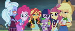 Size: 2596x1080 | Tagged: safe, edit, edited screencap, screencap, applejack, pinkie pie, sci-twi, sour sweet, spike, spike the regular dog, sugarcoat, sunset shimmer, twilight sparkle, dog, equestria girls, g4, my little pony equestria girls: friendship games, clothes, crossed arms, female, glasses, grin, hand on hip, lidded eyes, looking at you, panorama, skirt, smiling, smug