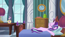 Size: 710x400 | Tagged: safe, screencap, starlight glimmer, twilight sparkle, alicorn, pony, unicorn, a royal problem, g4, animated, annoyed, ballerina, bed, clothes, female, gif, glowing horn, horn, magic, mare, music box, starlight glimmer is not amused, telekinesis, tutu, twilarina, twilight sparkle (alicorn), twilight stalker, unamused