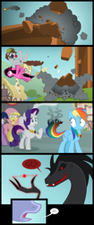 Size: 1299x3086 | Tagged: safe, artist:culu-bluebeaver, rainbow dash, rarity, twilight sparkle, oc, oc:pinkanon, oc:plague, oc:ruby, earth pony, pegasus, pony, unicorn, comic:the six-winged serpent, g4, clocktower, comic, debris, dialogue, element of generosity, element of kindness, element of loyalty, element of magic, elements of harmony, open mouth, ponyville, red and black oc, sarge sprinkles, smoke, speech bubble