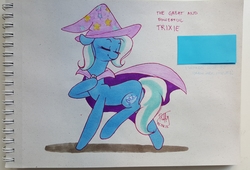 Size: 3923x2660 | Tagged: safe, artist:puffysmosh, trixie, pony, unicorn, g4, cape, clothes, eyes closed, female, floppy ears, hat, high res, mare, smiling, solo, traditional art, trixie's cape, trixie's hat