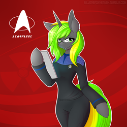 Size: 2000x2000 | Tagged: safe, artist:silverfox057, oc, oc only, oc:ion collider, unicorn, anthro, unguligrade anthro, abstract background, arm hooves, clipboard, clothes, colored pupils, crossover, female, glasses, high res, looking at you, solo, star trek, starfleet, uniform