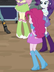 Size: 1536x2048 | Tagged: safe, screencap, fluttershy, pinkie pie, rarity, spike, spike the regular dog, dog, equestria girls, equestria girls specials, g4, my little pony equestria girls: movie magic, boots, bracelet, clothes, cropped, crossed arms, hands behind back, high heel boots, india movie set, jewelry, raised leg, skirt, socks