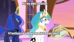 Size: 960x540 | Tagged: safe, edit, edited screencap, screencap, princess celestia, princess luna, pony, a royal problem, g4, face, faic, food, image macro, juice, meme, orange juice, pancakes, pure unfiltered evil, swapped cutie marks, this will end in tears and/or a journey to the moon, toothpaste