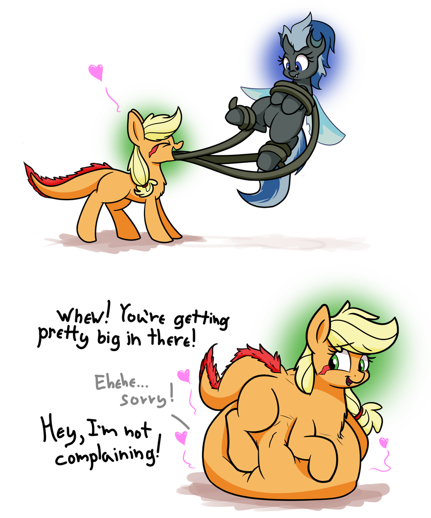 1459239 - suggestive, artist:bellspurgebells, applejack, oc, oc:nirvana,  changeling, monster pony, original species, tatzlpony, g4, 2 panel comic,  belly, belly bed, big belly, blue changeling, blue eyes, changeling  overfeeding, comic, dialogue ...