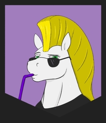 Size: 545x630 | Tagged: safe, artist:stoopedhooy, oc, oc only, oc:blind sword, pegasus, pony, blonde, bust, cartoon network, clothes, cosplay, costume, crossover, drinking straw, duckface, gift art, glasses, green eyes, johnny bravo, looking at you, male, mohawk, ponified, portrait, solo, stallion, straw