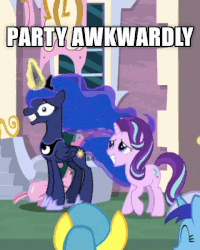 Size: 480x600 | Tagged: safe, edit, edited screencap, screencap, lemon hearts, minuette, princess luna, starlight glimmer, pony, a royal problem, g4, animated, another successful procedure!, cropped, female, gif, grin, image macro, magic, meme, nervous, nervous smile, party hard, smiling, stomping, swapped cutie marks, telekinesis