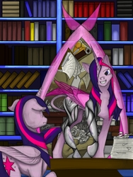 Size: 1770x2360 | Tagged: safe, artist:scrap-lord, twilight sparkle, alicorn, cyborg, pony, g4, alternate universe, amputee, book, bookshelf, duality, female, floppy ears, grin, library, mare, prosthetics, smiling, story included, twilight sparkle (alicorn)