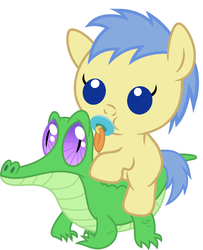 Size: 786x967 | Tagged: safe, artist:red4567, goldengrape, gummy, sir colton vines iii, pony, g4, baby, baby pony, cute, pacifier, ponies riding gators, riding, simple background, white background