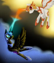 Size: 1700x2000 | Tagged: safe, artist:keisaa, daybreaker, nightmare moon, alicorn, pony, a royal problem, g4, blast, duo, fight, flying, frown, gritted teeth, magic, magic blast