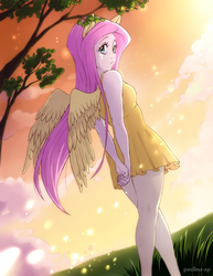 Size: 927x1200 | Tagged: safe, artist:paulina-ap, fluttershy, human, g4, clothes, dress, eared humanization, female, flattershy, humanized, looking back, solo, tree, twilight (astronomy), winged humanization, wings