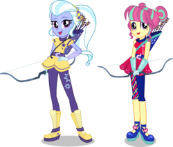 Size: 7500x6392 | Tagged: safe, artist:limedazzle, sour sweet, sugarcoat, equestria girls, g4, my little pony equestria girls: friendship games, absurd resolution, alternate hairstyle, alternate universe, archery, arrow, boots, bow (weapon), clothes, duo, female, quiver, shoes, show accurate, simple background, skirt, transparent background, vector