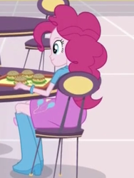 Size: 1536x2048 | Tagged: safe, screencap, pinkie pie, equestria girls, equestria girls specials, g4, my little pony equestria girls: mirror magic, burger, chair, cropped, cute, female, food, smiling, solo, table, tray