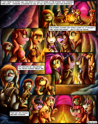 Size: 1935x2449 | Tagged: safe, artist:jamescorck, applejack, chancellor puddinghead, clover the clever, commander hurricane, fluttershy, pinkie pie, princess platinum, private pansy, rainbow dash, rarity, smart cookie, twilight sparkle, earth pony, pegasus, pony, unicorn, comic:i will never leave you, g4, comic, fire, history