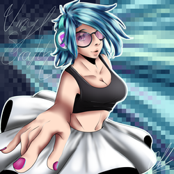 Size: 2000x2000 | Tagged: dead source, safe, artist:707holymoon, dj pon-3, vinyl scratch, human, g4, belly button, breasts, busty vinyl scratch, clothes, female, glasses, headphones, high res, humanized, midriff, nail polish, skirt, solo, sunglasses, tank top