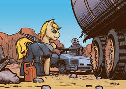Size: 1411x1000 | Tagged: safe, artist:cannibalus, oc, oc only, oc:wit ray, earth pony, pony, car, clothes, crossover, desert, ford, ford falcon, gun, interceptor, last of the v8s, mad max, mad max fury road, male, parody, skull, stallion, supercharger, v8, vehicle, weapon