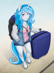 Size: 3000x4000 | Tagged: safe, artist:askbubblelee, oc, oc only, oc:bubble lee, oc:imago, unicorn, anthro, unguligrade anthro, anthro oc, backpack, breasts, cleavage, clothes, female, freckles, hand in pocket, looking at you, luggage, mare, smiling, solo, story in the source