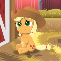 Size: 1500x1500 | Tagged: safe, artist:spellboundcanvas, applejack, earth pony, pony, g4, barn, cute, female, filly, filly applejack, jackabetes, sitting, solo, younger
