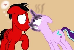 Size: 440x300 | Tagged: safe, artist:reddcoal, starlight glimmer, oc, oc:redd coal, pony, g4, angry, burned, death stare, red and black oc, scared, smoke, this will end in tears and/or death