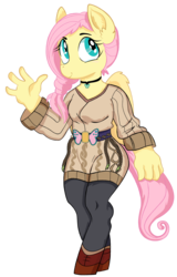 Size: 800x1251 | Tagged: safe, artist:dbkit, fluttershy, pegasus, anthro, unguligrade anthro, g4, clothes, cute, female, mare, shyabetes, simple background, smiling, solo, transparent background, waving