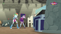 Size: 720x404 | Tagged: safe, edit, edited screencap, screencap, rainbow dash, sci-twi, twilight sparkle, equestria girls, equestria girls specials, g4, my little pony equestria girls: movie magic, adorkable, animated, boots, clothes, compression shorts, cute, dork, fangasm, female, geode of super speed, geode of telekinesis, gif, glasses, grin, magical geodes, mary janes, ponytail, shoes, skirt, slow motion, smiling, socks, striped socks, sudden slow motion, teletoon