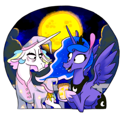 Size: 2003x1895 | Tagged: safe, artist:docwario, princess celestia, princess luna, alicorn, firefly (insect), pony, g4, duo, female, floppy ears, full moon, hoers, jar, mare, moon, night, open mouth, royal sisters, sleepy, smiling, spread wings, tired, wings