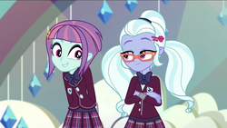 Size: 1920x1080 | Tagged: safe, screencap, sugarcoat, sunny flare, equestria girls, equestria girls specials, g4, my little pony equestria girls: dance magic, adoraflare, arm behind back, clothes, crossed arms, crystal prep academy uniform, cute, dancing, female, glasses, looking at each other, school uniform, smiling, smirk