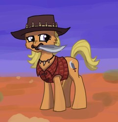 Size: 1726x1794 | Tagged: safe, anonymous artist, pony, australia, bowie knife, clothes, crocodile dundee, drawthread, hat, jewelry, knife, mouth hold, necklace, shirt, solo, upside down, vest