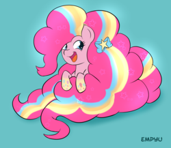 Size: 1000x867 | Tagged: safe, artist:empyu, pinkie pie, earth pony, pony, g4, bow, cute, diapinkes, female, hair bow, happy, impossibly long mane, long mane, mare, open mouth, open smile, rainbow power, simple background, smiling, solo