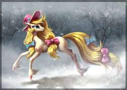 Size: 1024x724 | Tagged: dead source, safe, artist:begasus, oc, oc only, oc:luo, pony, unicorn, bow, commission, female, hair bow, hat, looking back, mare, smiling, snow, snowfall, solo, tail bow, tree