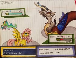 Size: 1024x784 | Tagged: dead source, safe, artist:keanuvyfoxy09, discord, fluttershy, princess celestia, alicorn, pegasus, pony, g4, ..., :t, lined paper, pokémon, smiling, smirk, traditional art