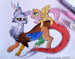 Size: 1024x805 | Tagged: safe, artist:keanuvyfoxy09, discord, fluttershy, g4, female, male, ship:discoshy, shipping, straight, traditional art