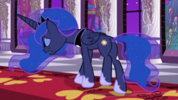 Size: 462x261 | Tagged: safe, screencap, princess luna, pony, a royal problem, g4, butt, cropped, exhausted, female, mare, plot, swapped cutie marks