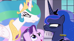 Size: 2560x1440 | Tagged: safe, screencap, princess celestia, princess luna, starlight glimmer, pony, a royal problem, g4, my little pony: friendship is magic, angry, canterlot castle, discovery family, discovery family logo, jewelry, regalia