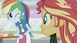Size: 1136x638 | Tagged: safe, screencap, rainbow dash, sunset shimmer, equestria girls, equestria girls specials, g4, my little pony equestria girls: mirror magic, burger, canterlot mall, female, food, geode of empathy, geode of super speed, hamburger, magical geodes, one eye closed, serving tray, soda, teletoon, tray, wink