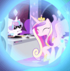 Size: 506x515 | Tagged: safe, screencap, princess cadance, princess flurry heart, alicorn, pony, a royal problem, g4, season 7, animated, colored wings, context is for the weak, cropped, cute, cutedance, dancing, dj flurry heart, dream, dream orbs, duo, female, flurrybetes, gif, mother and daughter, reference, speaker, stabilized, sunglasses, the club can't even handle me right now, turntable, wings