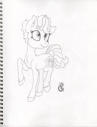 Size: 3337x4383 | Tagged: safe, artist:andandampersand, oc, oc only, oc:dee valerie, earth pony, pony, chest fluff, cute, ear fluff, female, fluffy, grayscale, high res, leg fluff, looking back, mare, monochrome, raised hoof, smiling, solo, traditional art, unshorn fetlocks