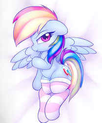 Size: 2500x3000 | Tagged: safe, artist:heavymetalbronyyeah, rainbow dash, pegasus, pony, g4, belly button, body pillow, body pillow design, clothes, cute, dashabetes, female, high res, hnnng, looking at you, mare, socks, solo, stockings, striped socks, thigh highs