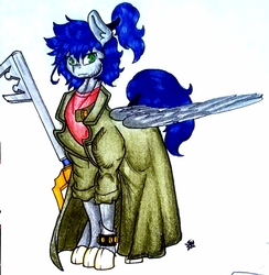 Size: 1789x1836 | Tagged: safe, artist:pantheracantus, oc, oc only, oc:ruituri nox, pony, clothes, coat, colored, disney, keyblade, kingdom hearts, one winged pegasus, ponytail, traditional art