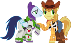 Size: 1479x901 | Tagged: safe, artist:cloudy glow, braeburn, soarin', earth pony, pegasus, pony, g4, buzz lightyear, clothes, clothes swap, cosplay, costume, cowboy hat, crossover, disney, duo, duo male, hat, male, pixar, raised hoof, simple background, smiling, stallion, stetson, toy story, transparent background, woody