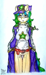 Size: 1000x1614 | Tagged: safe, artist:pantheracantus, oc, oc only, oc:portal breakway, earth pony, anthro, big breasts, breasts, clothes, coat, colored, female, jojo's bizarre adventure, jotaro kujo, mare, simple background, solo, stone ocean, traditional art, white background