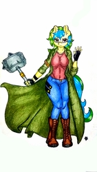 Size: 1836x3264 | Tagged: safe, artist:pantheracantus, oc, oc only, oc:portal breakway, anthro, big breasts, breasts, clothes, coat, colored, hammer, simple background, traditional art, white background
