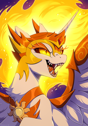 Size: 701x1001 | Tagged: safe, artist:hioshiru, daybreaker, alicorn, pony, a royal problem, g4, armor, chest fluff, ear fluff, fangs, female, fluffy, helmet, mare, open mouth, slit pupils, smiling, solo, teeth