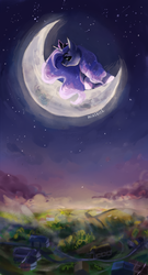 Size: 700x1300 | Tagged: safe, artist:miushich, princess luna, alicorn, pony, g4, female, moon, night, scenery, sitting, solo, stars, tangible heavenly object, twilight (astronomy)