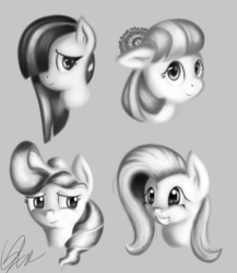Size: 2000x2300 | Tagged: safe, artist:qbellas, coco pommel, fluttershy, marble pie, vapor trail, earth pony, pegasus, pony, g4, bust, female, floppy ears, grayscale, high res, mare, monochrome, signature, smiling, the council of shy ponies
