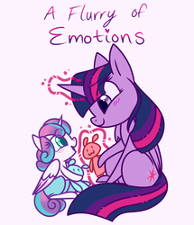 Size: 660x768 | Tagged: safe, artist:esmeia, princess flurry heart, twilight sparkle, alicorn, pony, a flurry of emotions, g4, aunt and niece, auntie twilight, baby, blushing, diaper, duo, female, filly, magic, mare, plushie, simple background, story included, telekinesis, title card, twilight sparkle (alicorn)