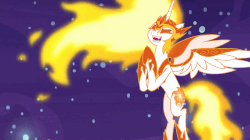 Size: 922x518 | Tagged: safe, screencap, daybreaker, alicorn, pony, a royal problem, g4, adorabolical, animated, clapping, cute, diabreaker, evil, eyes closed, female, gif, happy, mane of fire, night, open mouth, pure unfiltered evil, smiling, solo, spread wings, stars, wings