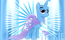 Size: 2560x1600 | Tagged: safe, artist:fennrick, artist:lextsy, trixie, pony, unicorn, g4, abstract background, cape, clothes, female, looking at you, mare, raised eyebrow, solo, trixie's cape, wallpaper