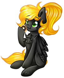 Size: 877x1072 | Tagged: safe, artist:sketchyhowl, oc, oc only, oc:veen sundown, pegasus, pony, chest fluff, donut, eating, female, food, mare, simple background, sitting, solo, sundown clan, transparent background