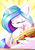 Size: 2480x3507 | Tagged: safe, artist:madacon, princess celestia, alicorn, pony, a royal problem, g4, my little pony: friendship is magic, blueberry, cheerful, cute, cutelestia, eyes closed, female, food, high res, kind, mare, multicolored mane, pancakes, peytral, scene interpretation, smiling, solo, strawberry, whipped cream, wing hands, wings